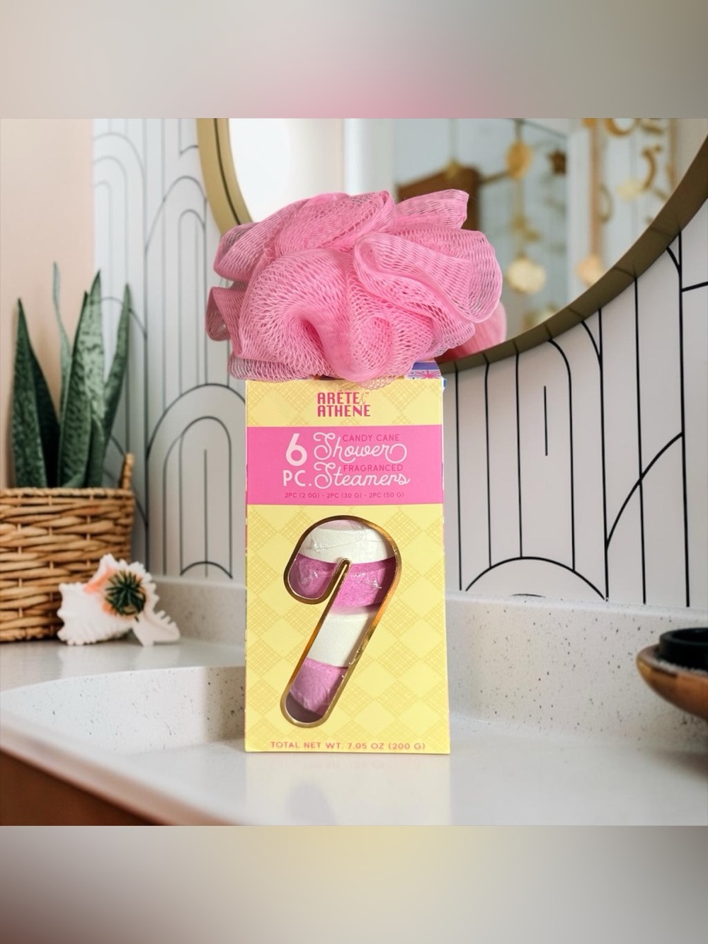 🏷️‼️5/$25🏷️‼️💕ARETE/ ATHENE💕6-PC Pink & White Candy Cane Shower Steamers w/Loofa
